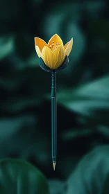 Stylized teal pen morphs into geometric yellow flower bloom tip