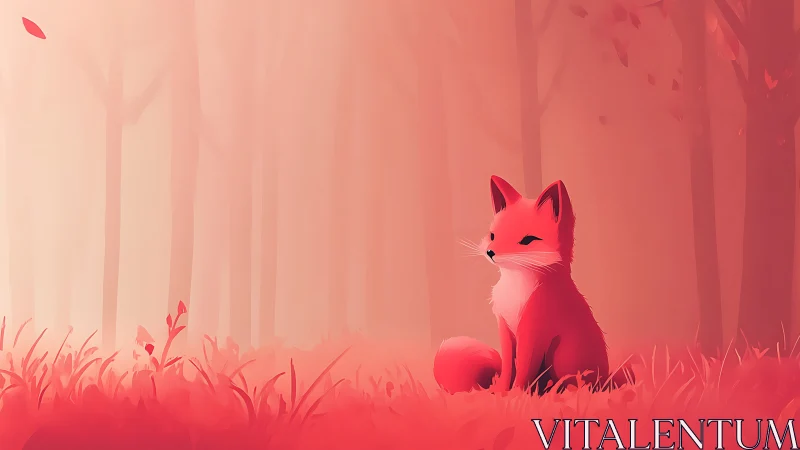 Gentle fox resting in a dreamy pink forest glow.
