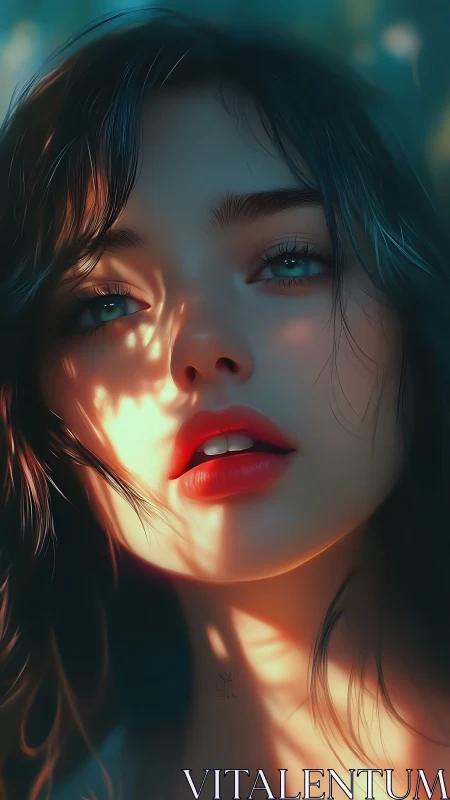 Digital portrait of young woman in dappled sunlight.