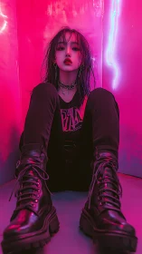 Neon-lit rebel girl rests in vivid cyberpunk corridor