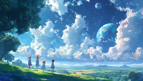 Four girls watch distant planets above bright summer fields
