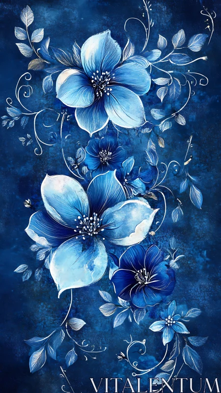 Midnight blue blossoms drifting through a dreamy night sky.