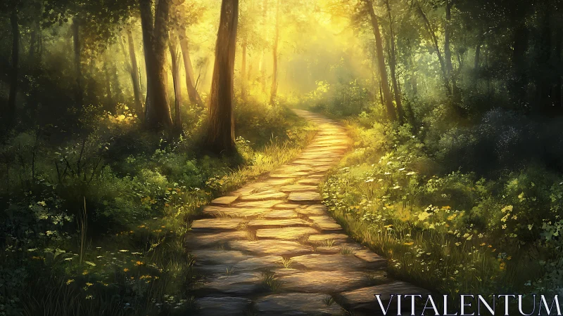 Sunlit stone path winding through luminous forest glade.