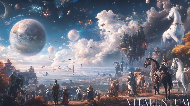 Epic fantasy riders observe vast floating planetary sky