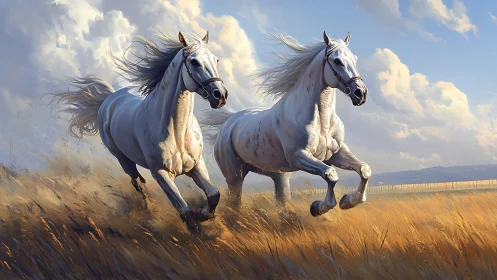 Storm-bred white stallions racing the golden prairie wind.