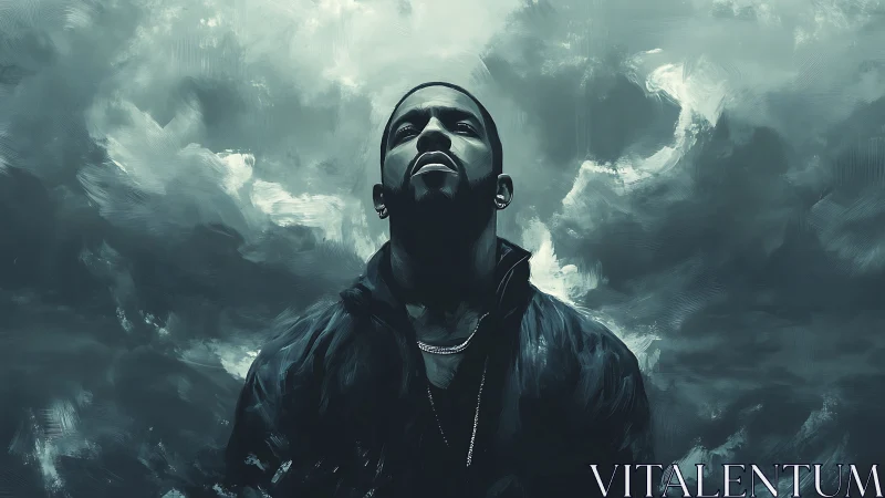 Moody digital portrait isolates a lone man against storm clouds