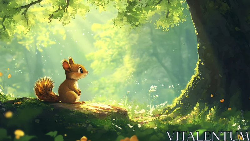 Small squirrel watches sunlit forest clearing in spring