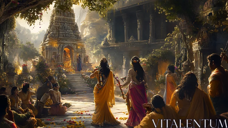 Temple courtyard procession under golden ceremonial light.