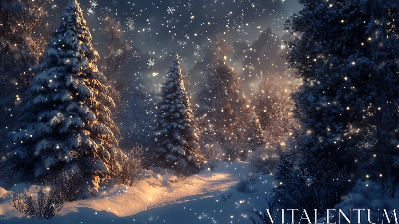 Snow-laden conifer forest glows under soft twilight illumination