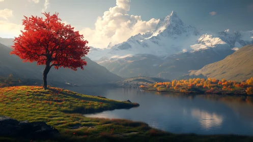 High dynamic range alpine lake landscape with vivid red tree