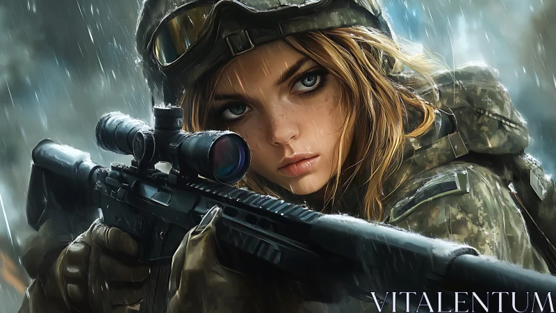 Female soldier aims scoped rifle in heavy rain outdoors