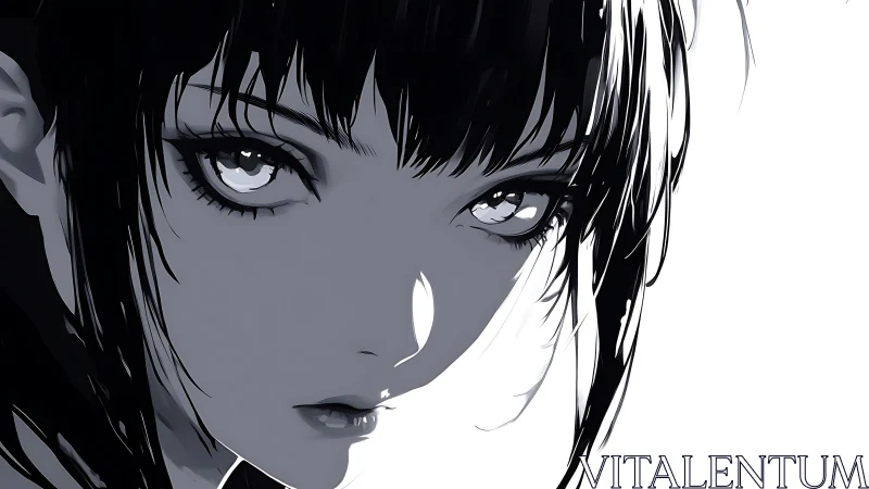 Monochrome close-up anime portrait with reflective eyes