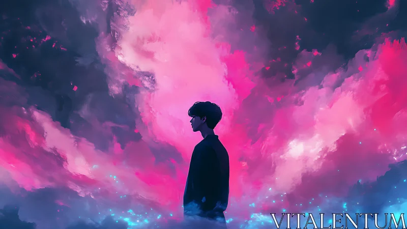 Silhouetted figure against neon magenta and cyan nebula sky