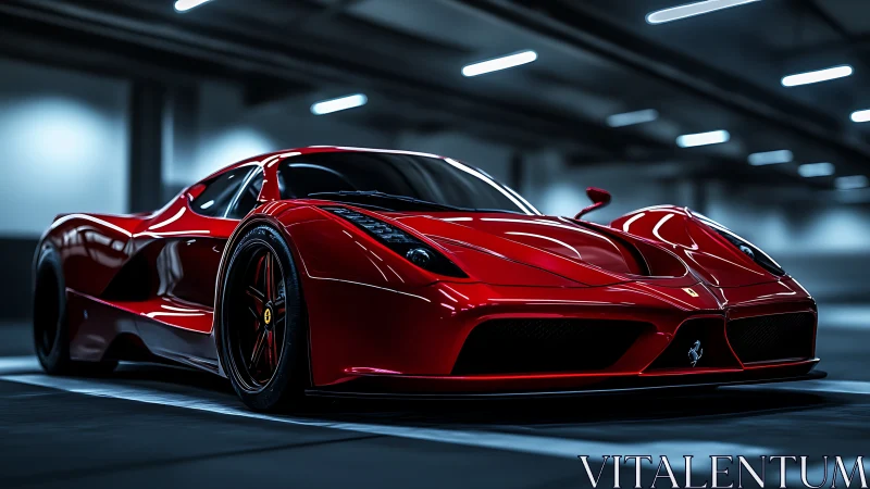 Sleek red supercar waits under moody lights in a parking garage