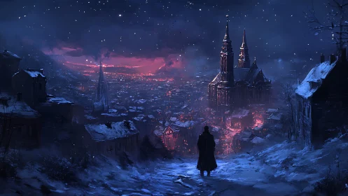 Nocturnal snowbound cityscape with glowing gothic cathedral.