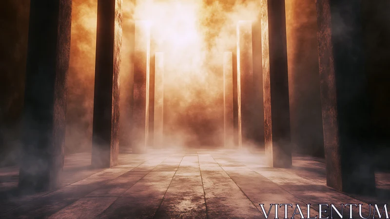 Cinematic 3D colonnade in volumetric light and rising haze.