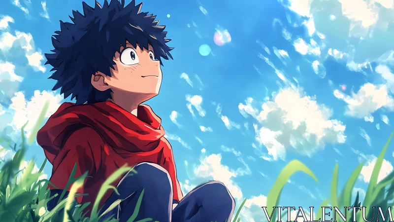 Daydreaming Anime Boy Under a Bright, Breezy Sky.