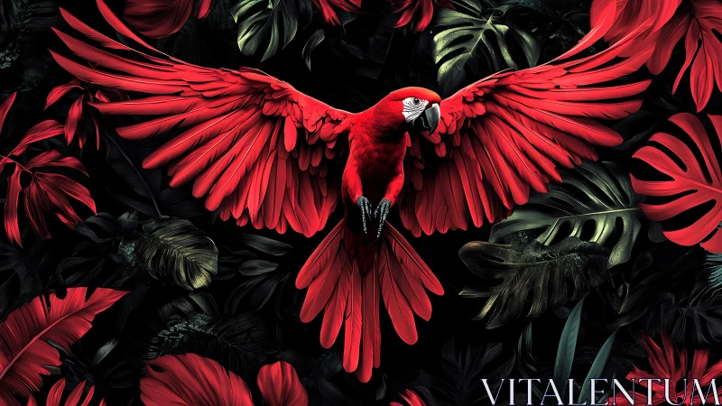 Radiant red parrot gliding proudly through lush jungle leaves.