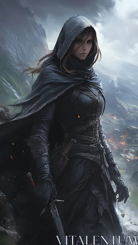 Storm-cloaked rogue sentinel above smoldering valley frontier.