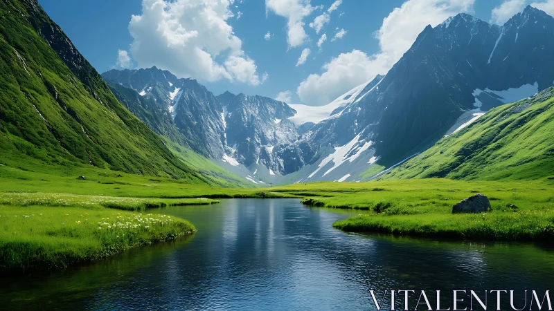 Glacial valley river winds through lush green alpine meadows.