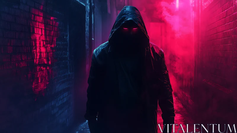 Mysterious hooded figure strolls through neon foggy alleyway