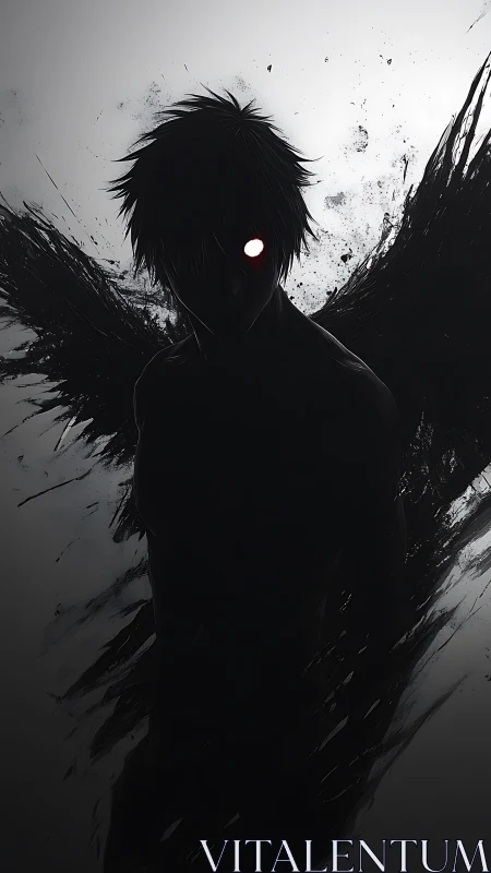 Silhouetted winged figure with glowing eye in grayscale void