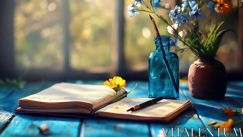 Cozy writing desk with open journal and blue glass bottle.