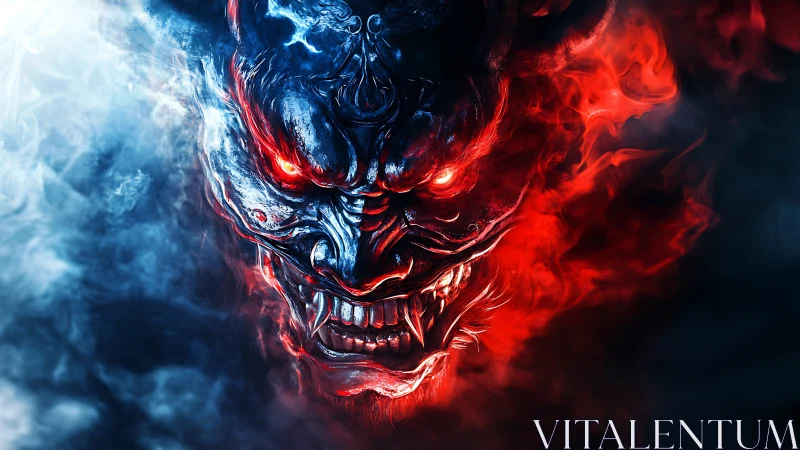 Bifurcated demonic mask rendered in high-contrast red and blue flame