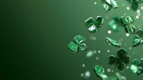 Shiny Green Four Leaf Clovers Floating on Gradient Background.