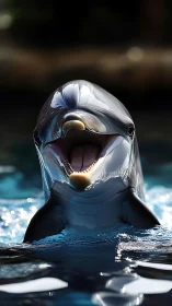 Laughing lagoon dolphin beams under liquid sapphire light.