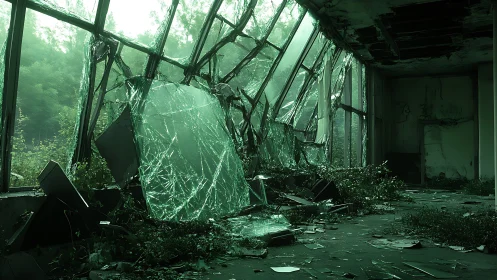 Shattered greenhouse windows surrender quietly to resurgent ivy