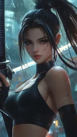 Cyberpunk katana warrior holds blade under neon rain.