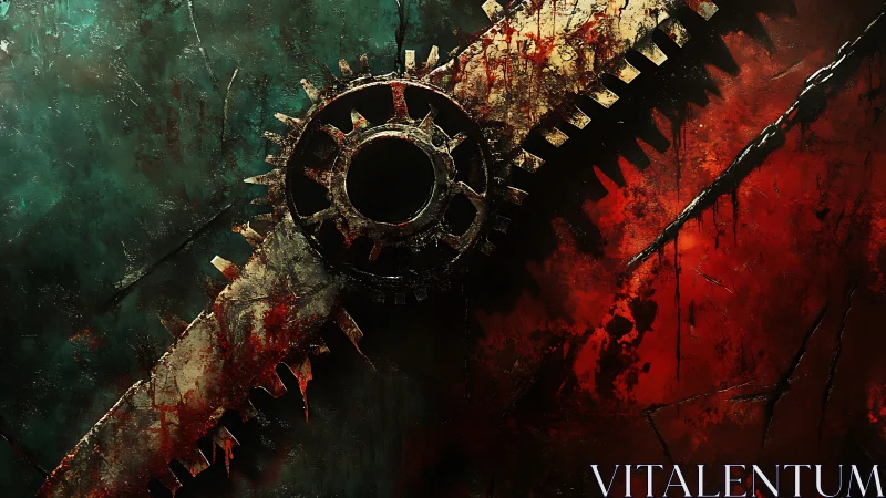Rusted gear bisects bloodstained teal and crimson field.