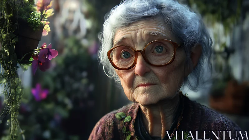 Elderly woman portrait in lush greenhouse with soft bokeh light.
