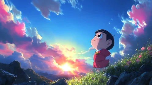 Anime sunrise vista with character on floral hillside composition.