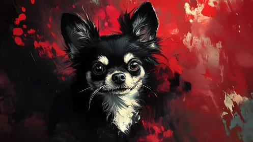 Tiny storm of fur in a crimson paint-splashed universe.