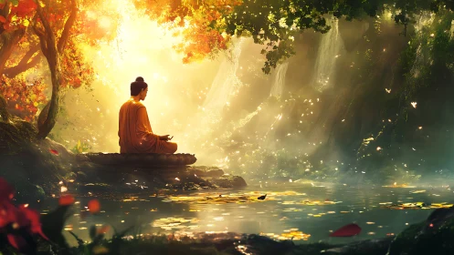 Figure in orange robe meditating beside illuminated waterway.