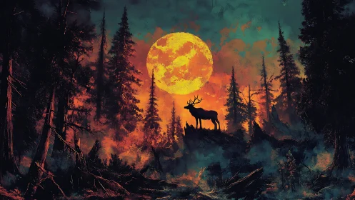 Silhouette of stag before large orange moon in dense forest.