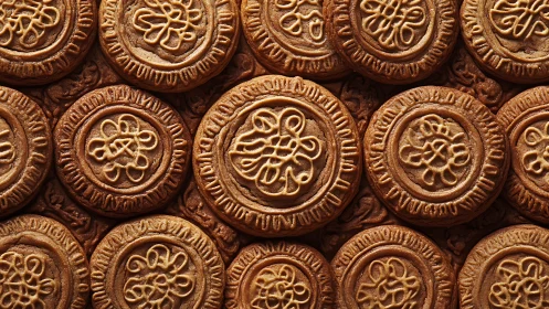 Golden cookie mandala rows with swirling caramel patterns.