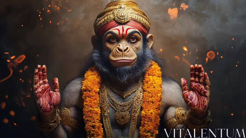 Monkey-headed deity figure poses with both hands raised