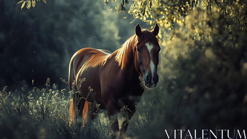 Backlit chestnut horse in volumetric forest edge illumination.