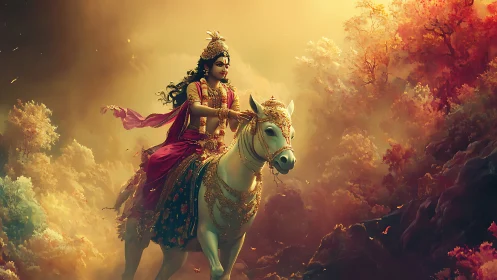 Divine warrior on white horse in glowing forest scene.
