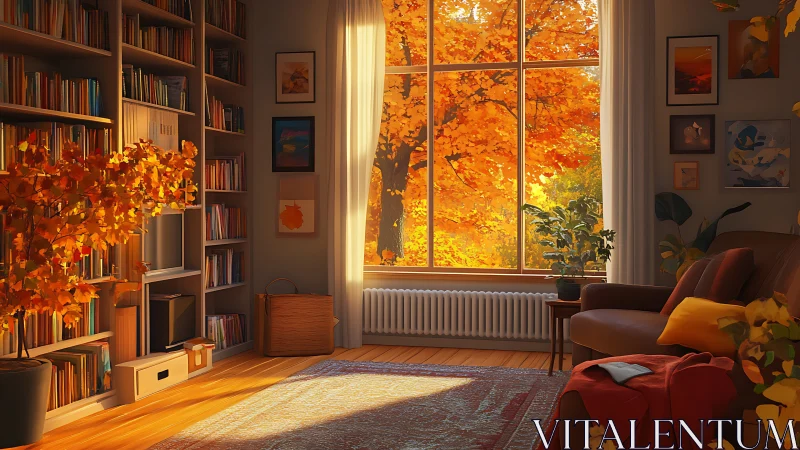 Autumn-lit reading room interior framed by expansive window
