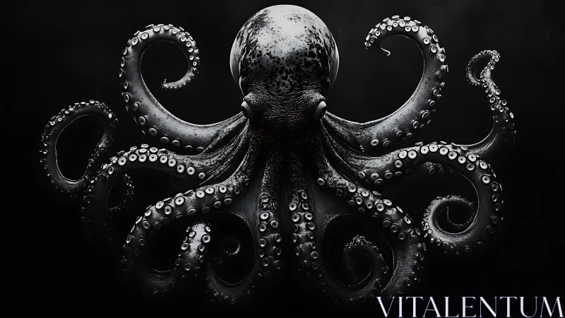 Monochrome octopus spreads coiling tentacles in darkness.