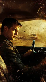 Brooding driver in dusty car chase under golden light.