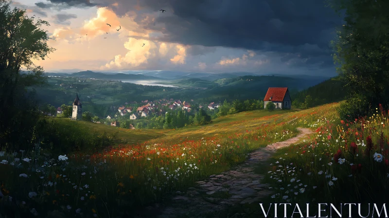Golden hillside path into a cozy valley village at dusk.