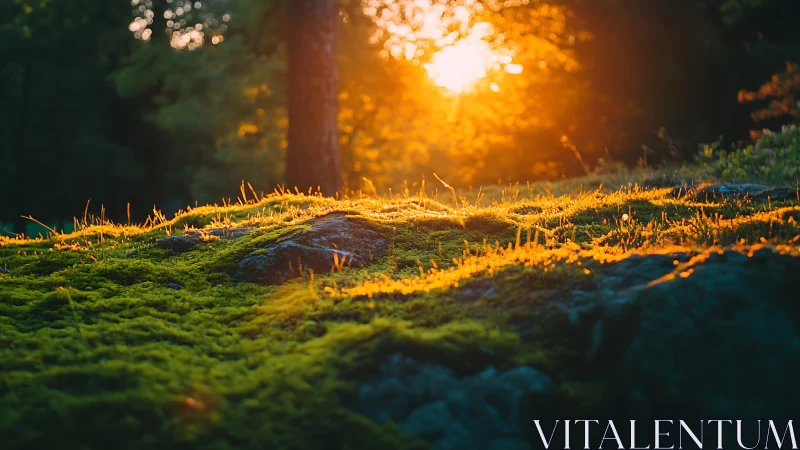 Golden sunset light glows over mossy forest ground