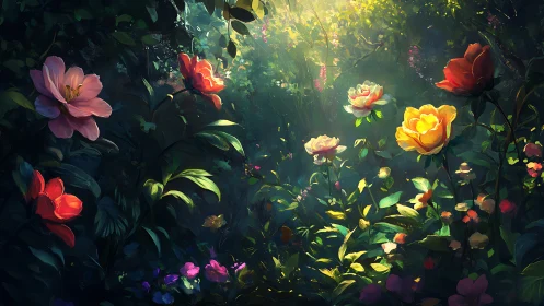 Illuminated Garden with Layered Foliage and Multicolored Roses