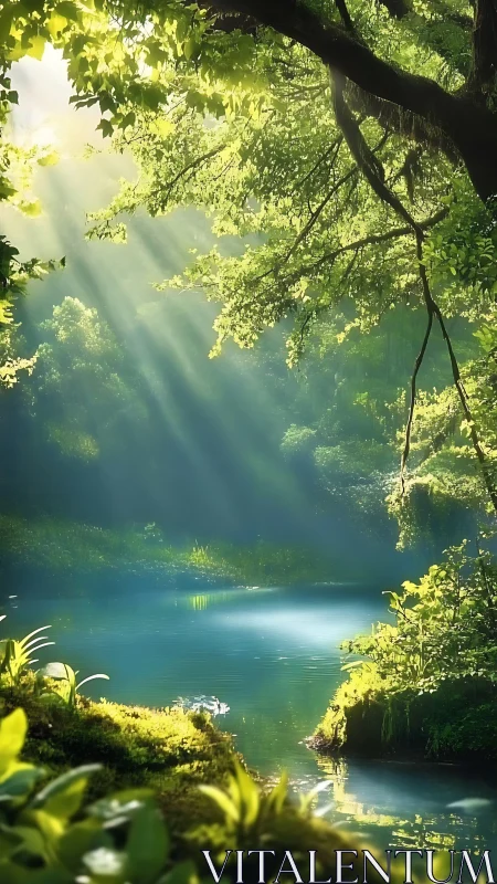 Sunlit forest pond reflects dense green foliage calmly