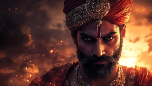 Regal warrior portrait in jeweled turban under fiery sky